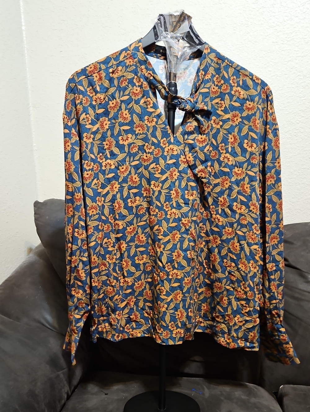 DownEast Navy Floral Tie-Neck Blouse